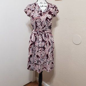 Burgundy Paisley Dress w/Pockets & Tie Belt by Banana Republic Size Petite XS
